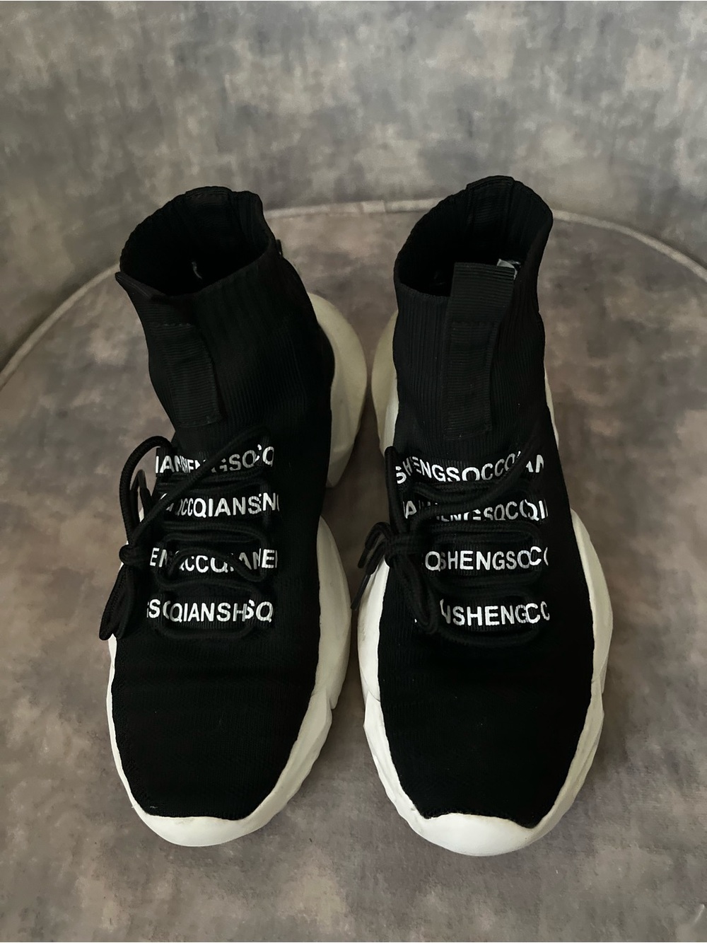 Women’s Black Knit High-Top Sock Sneakers with White Sole